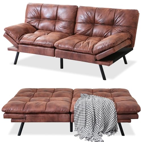 MUUEGM Faux Leather Futon Bed, Convertible Memory Foam Sofa Bed, Modern Love Seat for Living Room,Compact Space,Apartment,Office,Adjustable Backrests Armrests Couch Sleeper,71