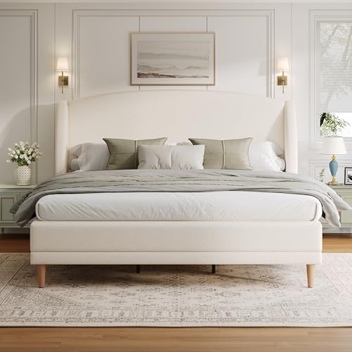 Merax King Size Upholstered Platform Bed, Boucle Fabric and Wingback Headboard, Rounded Corners, White