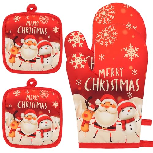 Lucleag Christmas Oven Mitts and Potholders Set, 4 PCS Christmas Santa Snowman Deer Oven Mitts Pot Holders Heat Resistant Non-Slip Cooking Gloves for Xmas BBQ Cooking Baking Grilling