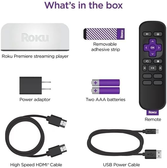 Roku Premiere | 4K/HDR Streaming Media Player Wi-Fi Enabled with Premium High Speed HDMI Cable and Simple Remote, Includes Pouch, White