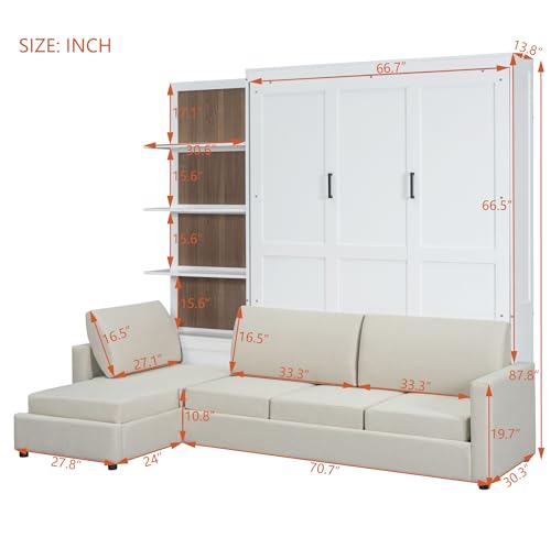 Harper & Bright Designs Queen Size Murphy Bed, Wood Queen Wall Bed with Sofa and Shelves, White