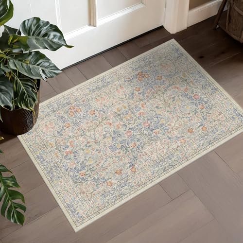Vintage Washable Beige Blue 10x14 Rug for Living Room - Extra Large Area Rug for Dining Room Under Table, Bedroom - Botanical Floral Design with Purple Red Accent, Non-Slip Lightweight Soft Low Pile