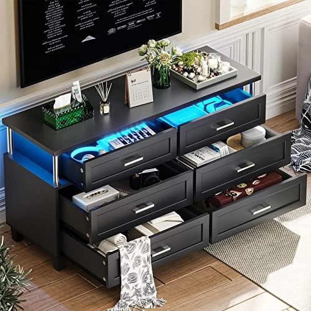 HOOMHIBIU Dresser for Bedroom with 8 Drawers  Chest of Drawers with LED Light  Tall Wide Dresser for  and Organization  Black Dresser for Bedroom  Living Room  Closet  VD-Drawers Dresser