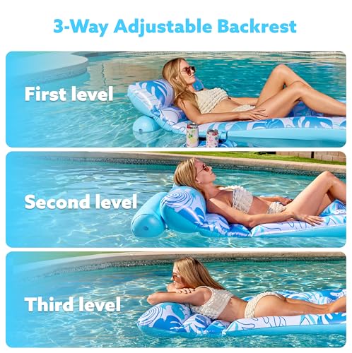 SLOOSH Adjustable Backrest Pool Floats - Tropical Leaves Pool Lounger Floaties Adults with Cup Holders, Inflatable Tanning Float Rafts Chair Beach Lake Lounge Floating Above Water Keep Cool (Blue)