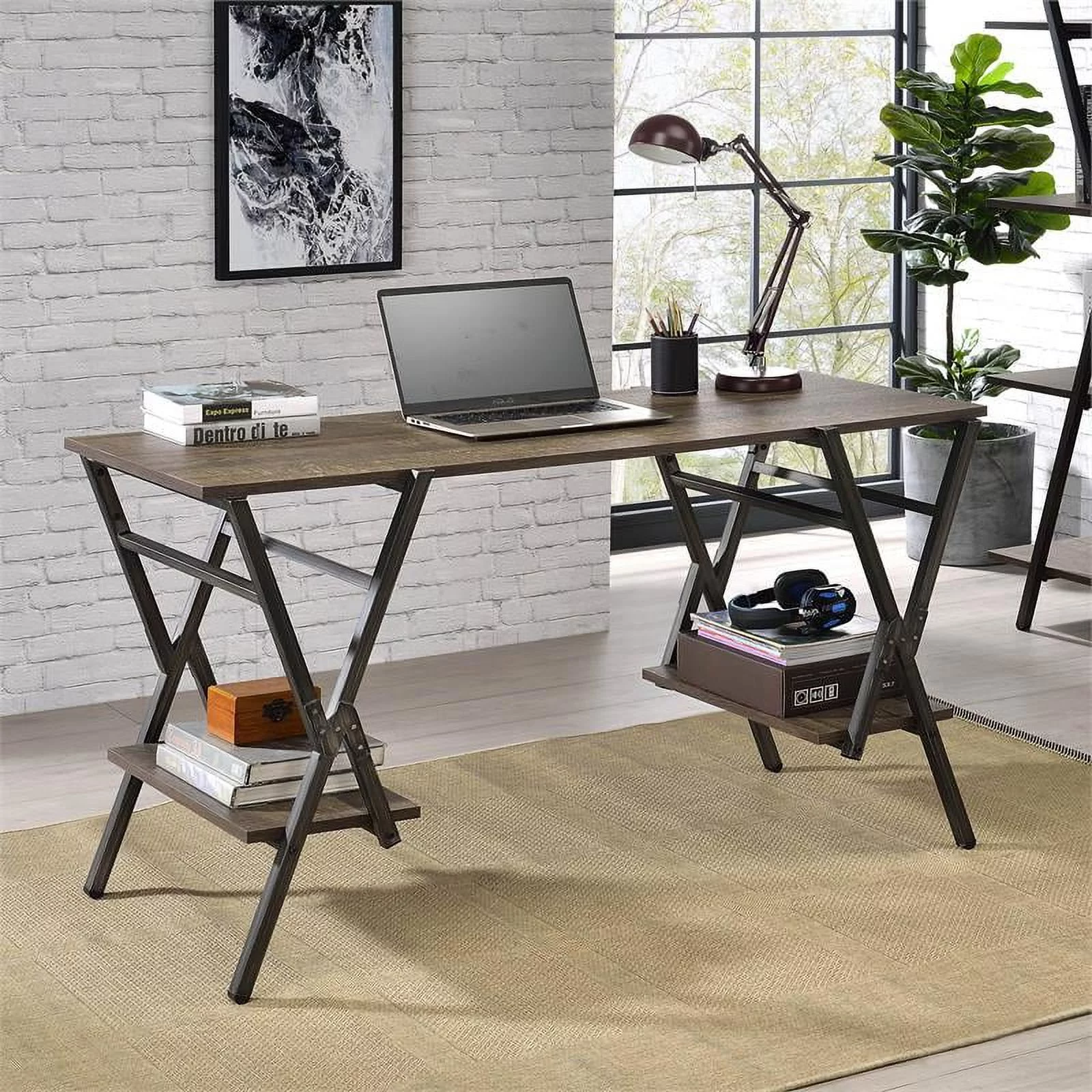 Furniture of America Carti Rustic Wood 2-Shelf Writing Desk in Oak and Gun Metal