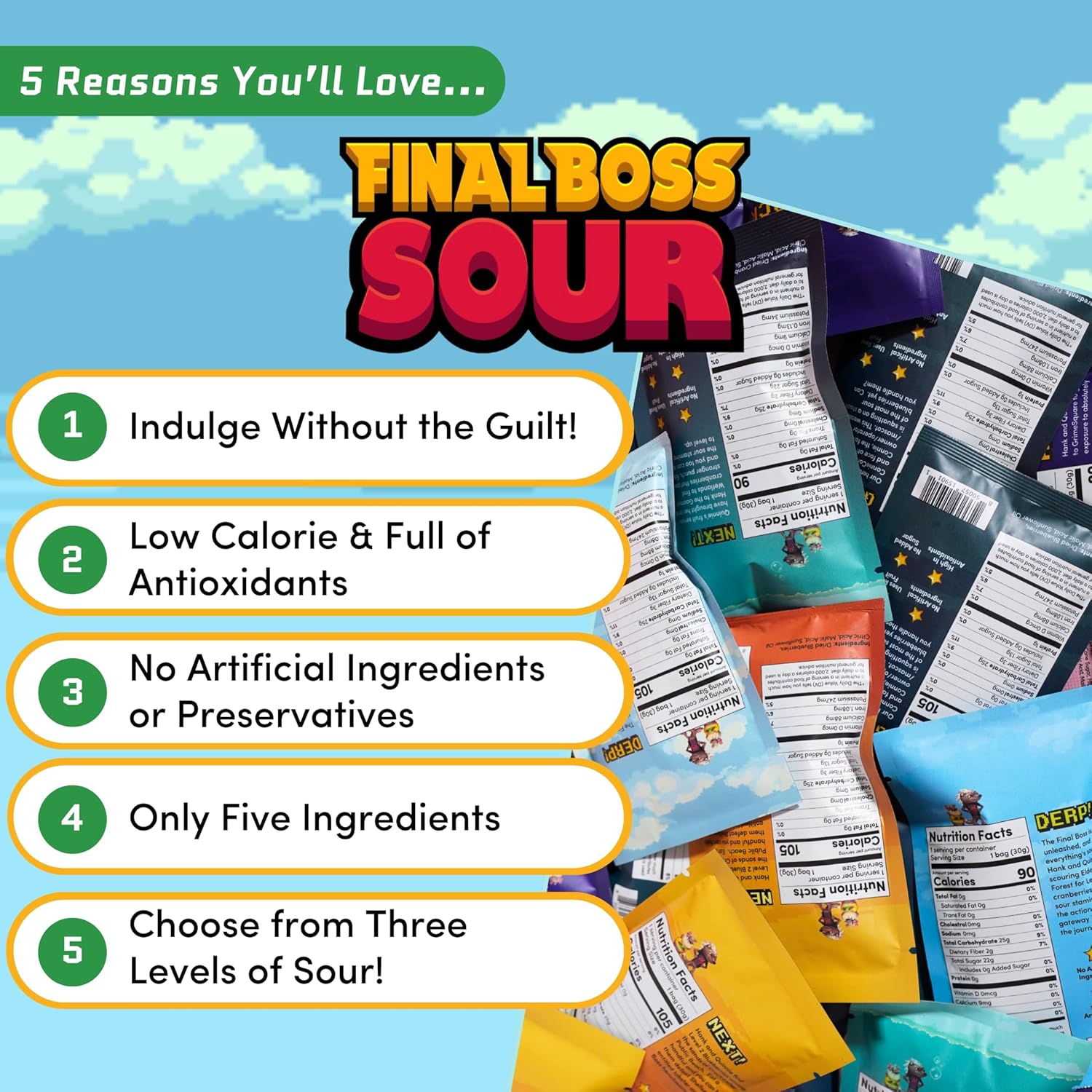 Final Boss Extremely Super Sour Candy, Natural Chewy Gummies Made with Dried Fruit, Free of Artificial Colors, Low Calorie Healthy Snack for Kids & Adults, 1.06oz, 27 Pack (All Sour Levels)