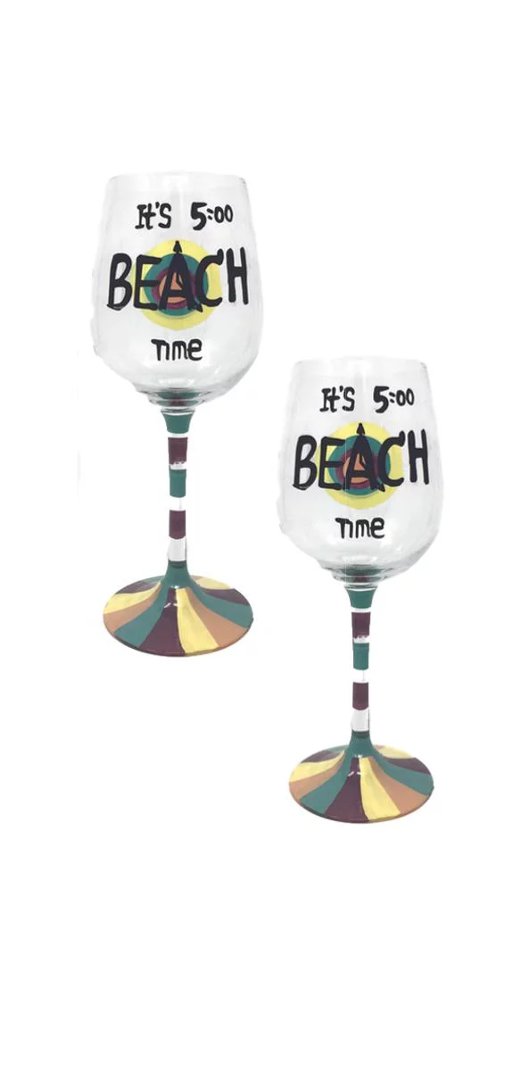 Its 5:00 Beach Time Hand Painted Wine Glass Set