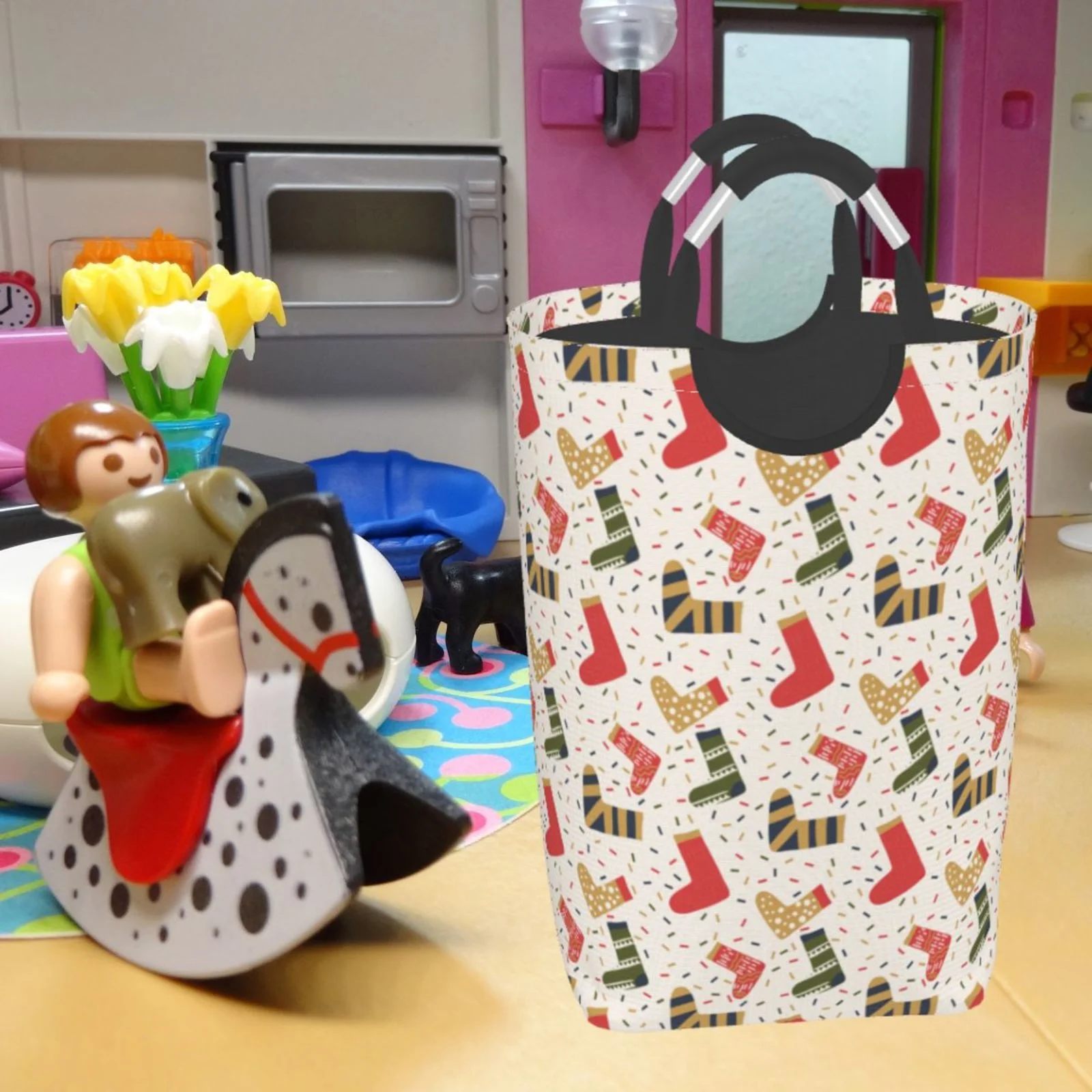 XMXT Collapsible Laundry Basket Hamper, Beautiful Christmas Stockings Large Laundry Bag Clothes Hamper with Aluminum Handle, 50L