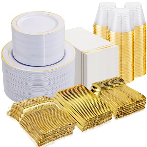 NOCCUR 350PCS Black and Gold Plastic Plates - Black Disposable Dinnerware Set for 50 Guests, 100 Dinner/Dessert Plates, 150 Gold Silverware, 50 Cups&50 Napkins for Party/Birthday/Halloween/NewYear
