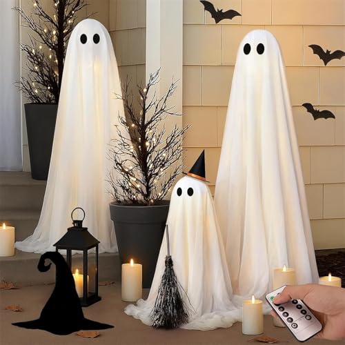 Halloween Decorations Outdoor Indoor- 3 Packs DIY Light-Up Spooky Ghosts with Remote Control String Lights, Witch Hats, Halloween Ghost Kits Decor Party Yard Porch Lawn Mantel Home Front Door