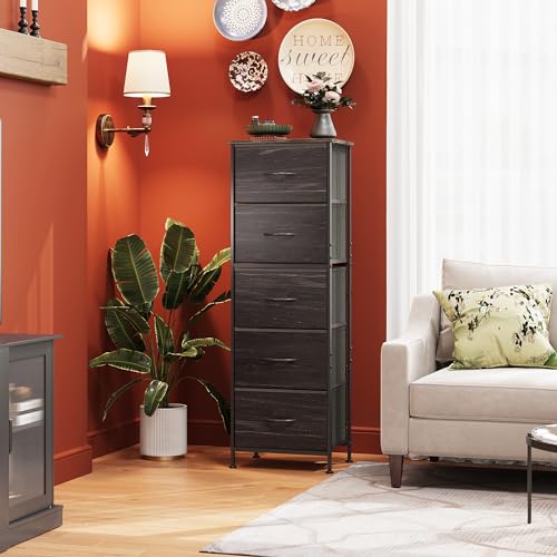 WLIVE Fabric Dresser, 5-Drawer Tall Dresser for Bedroom, Storage Organizer with Fabric Bins, Wood Top, Sturdy Steel Frame, Chest of Drawers for Closet, Hallway, Rustic Brown Wood Grain Print