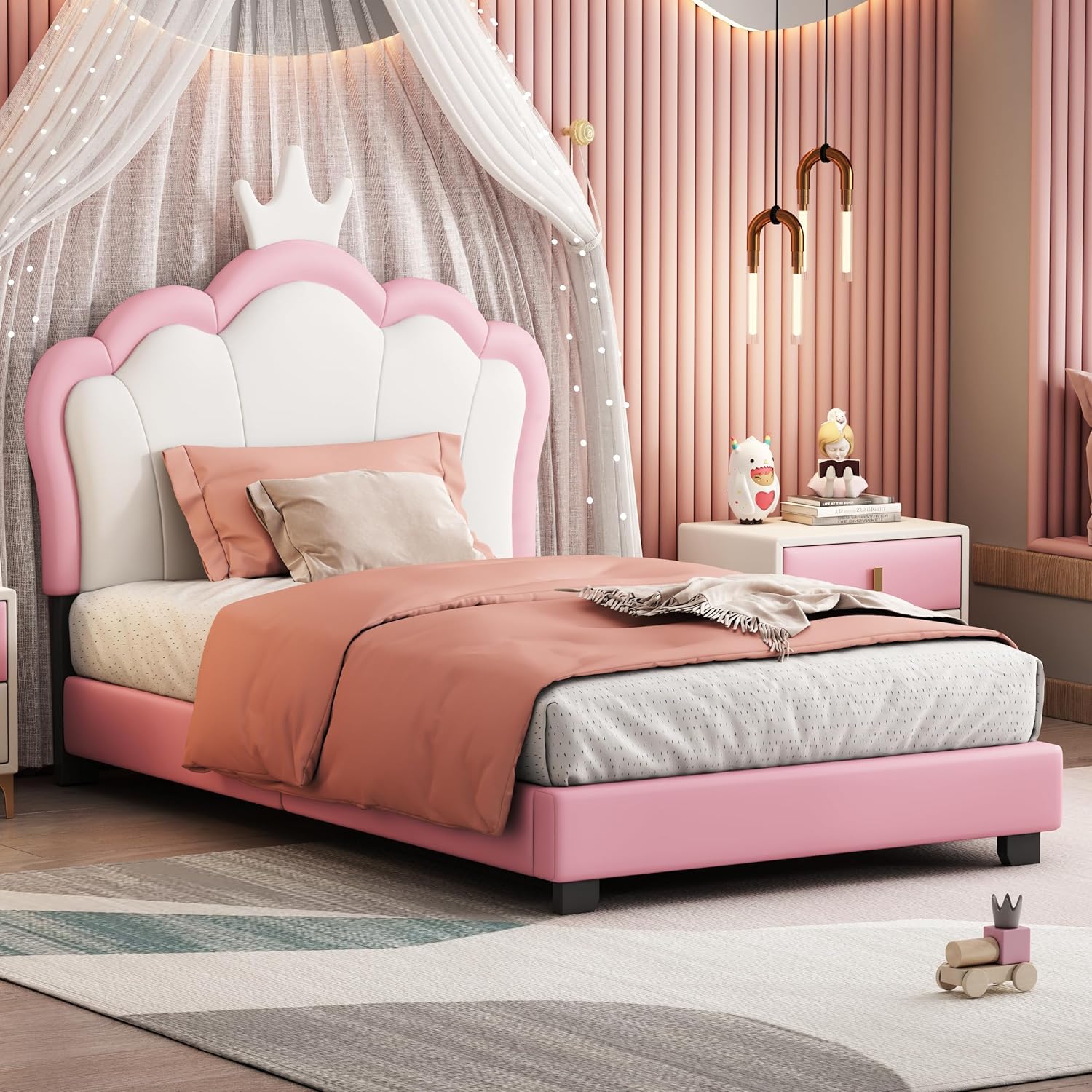 Bellemave Twin Size Princess Bed Frame with Crown Headboard, PU Upholstered Princess Twin Bed for Girls,Kids Twin Platform Bed,(Twin,Pink)