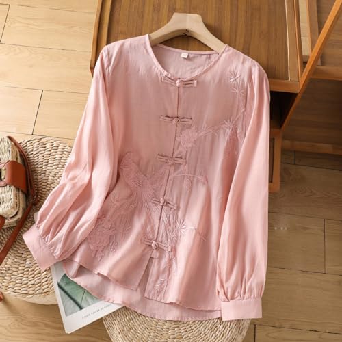 TANGNADE Women's Linen Retro Chinese Frog Button Tops Blouse Long Sleeve Solid Color Casual Dressy Shirts Trendy