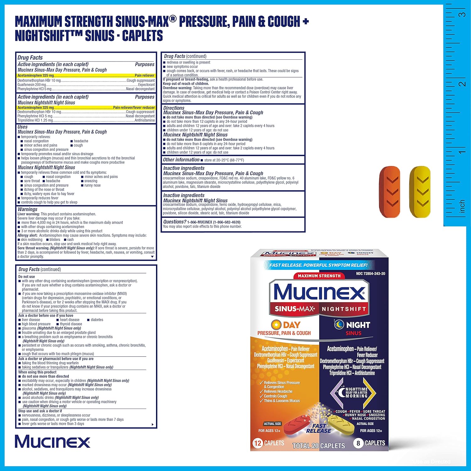 Maximum Strength Mucinex Sinus-Max Pressure, Pain & Cough & Nightshift Sinus Caplets, Fast Release, Powerful Multi-Symptom Relief, 20 caplets (12 Day time + 8 Night time)