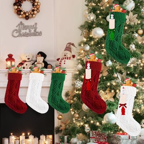 4 Pack Christmas Stockings Personalized, 18 Inches Large Knitted Stocking with DIY Snowman Tassel Name Tags for Family, Xmas Hanging Stocking for Mantel Fireplace Tree Decor, Red Green White