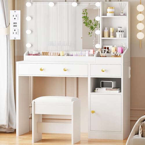 ANWBROAD White Vanity Desk with Mirror and Lights Makeup Vanity Set with 12 Storage Area 5 Desktop Compartments and Power Strip 3 Lighting Modes Adjustable Brightness Bedroom Dressing Table UBDT72W