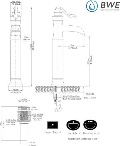 BWE Vessel Sink Faucet Waterfall Matte Black with Pop Up Drain Without Overflow and Supply Lines, Black Sink Faucet Bathroom One Handle Faucets Vanity Bath Mixer Tap