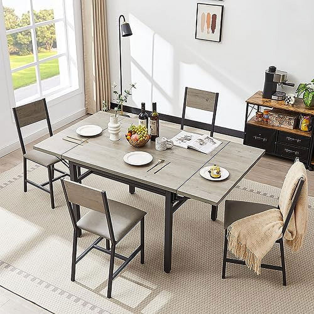 TJUNBOLIFE Extendable Dining Table  63.2\u201D Drop Leaves Dining Table with Metal Legs and  Rack  Rectangular Folding Kitchen Table for Space Saving Seats for 2 3 4 5 6 People (Grey)