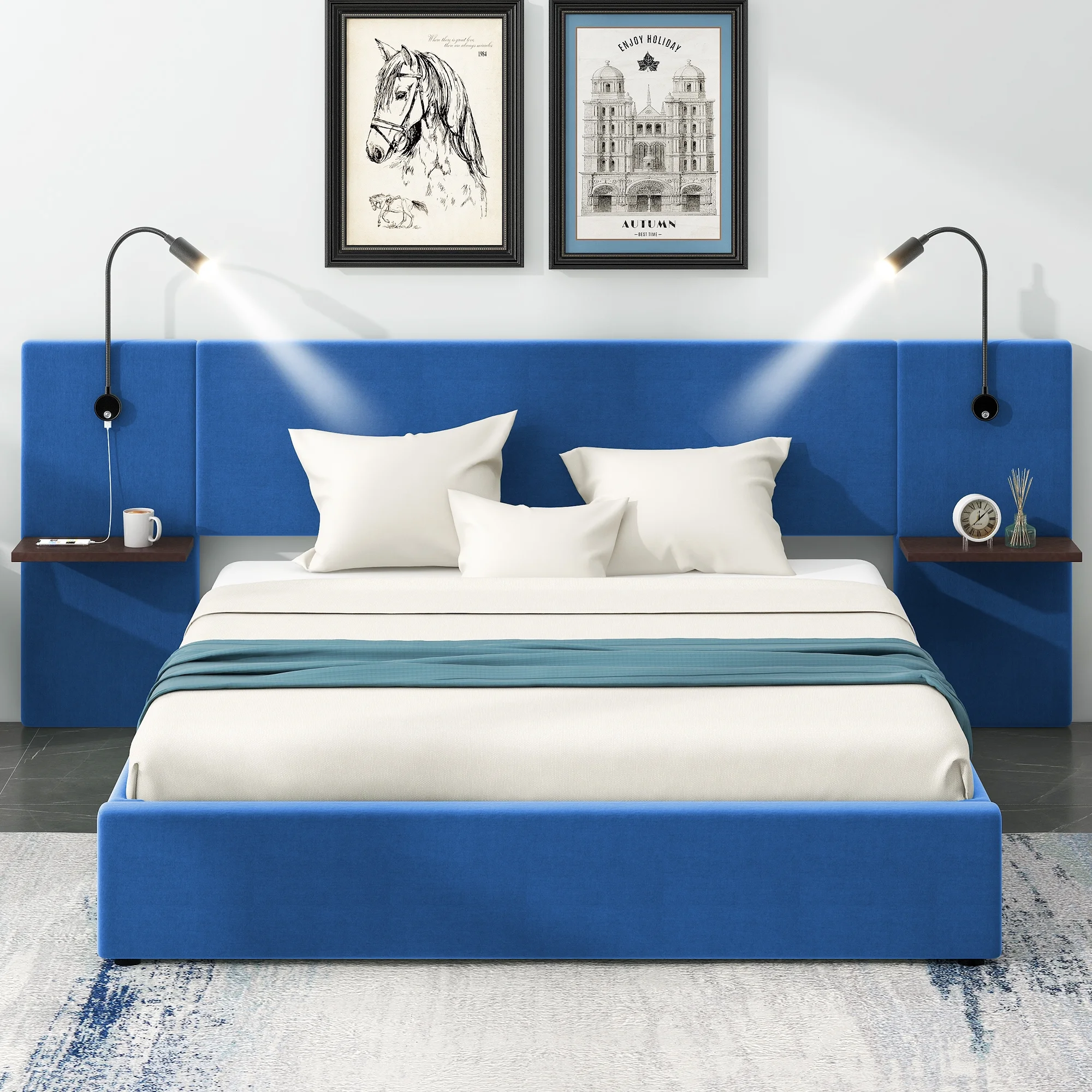 BELLEMAVE Full Size Upholstered Hydraulic Platform Bed with 2 Shelves,2 Lights and 4 USB Ports for Small Space,Modern Upholstered Bed Frame for Bedroom Guestroom,Large Storage Space, Blue