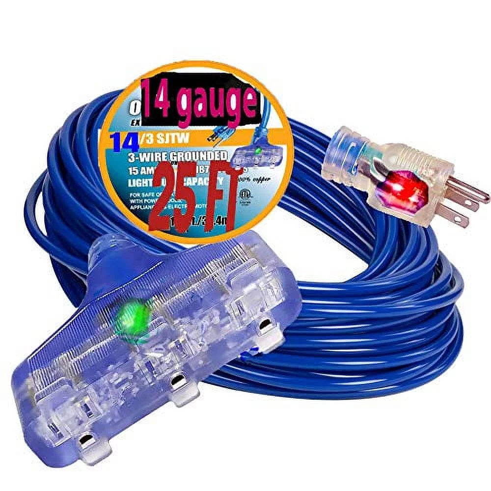 3 Outlet heavy duty 14 gauge 25 ft extension cord outdoor / Indoor15AMP 125V, 1875 WATTS extension cord 25 ft 14/3 triple outlet extension cord 14 gauge lighted