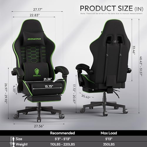 Dowinx Gaming Chair Fabric with Pocket Spring Cushion, Massage Game Chair Cloth with Headrest, Ergonomic Computer Chair with Footrest 290LBS, Black Green