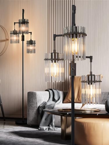 Industrial Floor Lamps for Living Room, Dimmable Floor Lamp Modern Standing Lamps with Glass Lampshade, Rotary Switch, LED Bulbs, Tall Lamps for Bedroom, Office (1 Lampshade)
