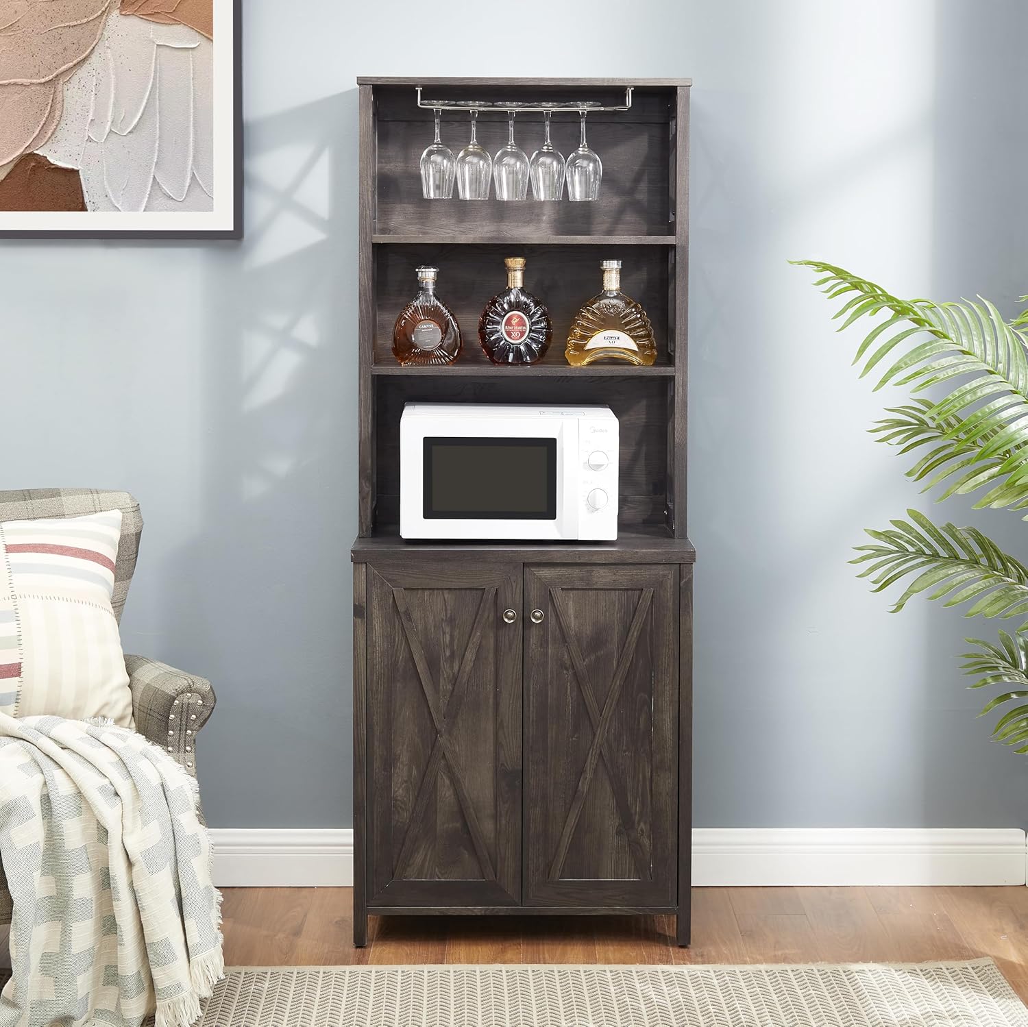 CHARMMA Coffee Bar Cabinet Kitchen Cabinet with Microwave Stand Metal Frame Side Home Source Bar Cabinet Cabinet and Hollow out Barn Design Wood Cabinet L26.77''*W15.75''*H67.32'' Charcoal Gray
