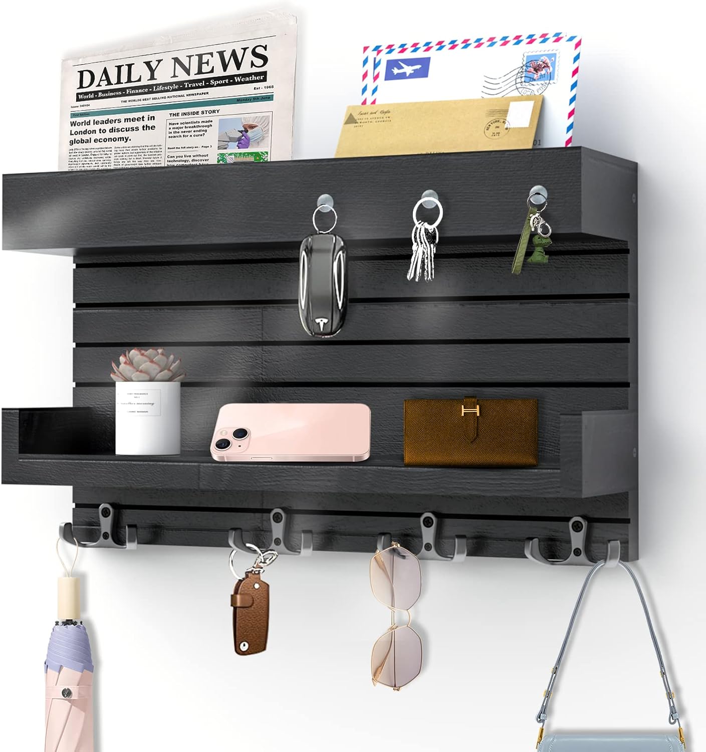 Key Holder for Wall Decorative Wall Mounted Mail Holder with 4 Key Hooks, Wooden Key Rack Mail Sorter Organizer, Double Shelf Key Hanger Mail Key Organizer, Rustic Home Decor for Entryway Hallway