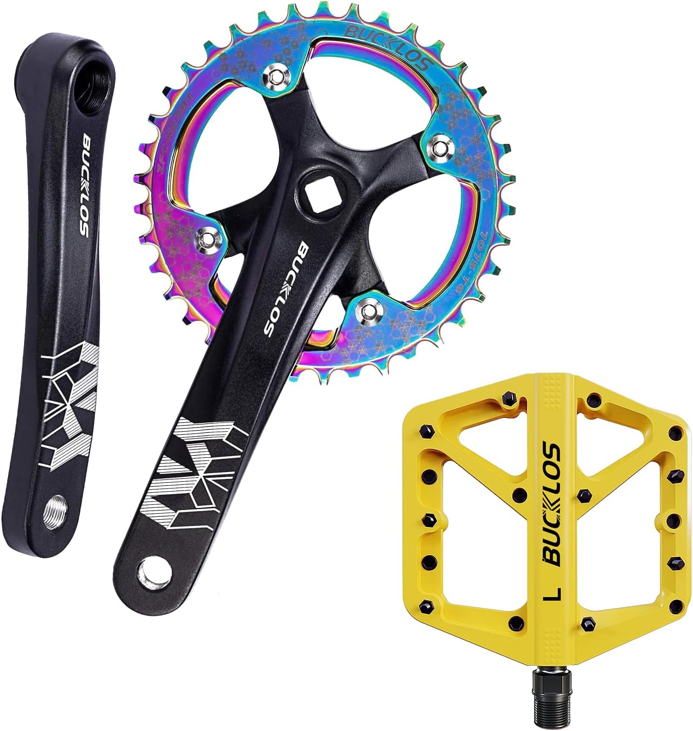 BUCKLOS 104 BCD Mountain Bike Single Speed Crankset, 170mm MTB Square Taper Crankset with Plating Chainring (Multicolor) 30T，Flat Platform MTB Road Bike Adult Yellow Pedals for BMX