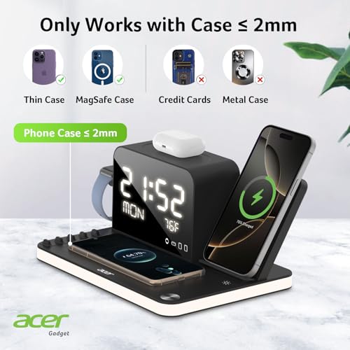 acer 7-in-1 Wireless Charging Station with Adjustable Brightness Night Light, Compatible with iPhone 16/15/14/13/12 All Series, Android Phones, AirPods, and iWatch, Fast Charger with Time Display