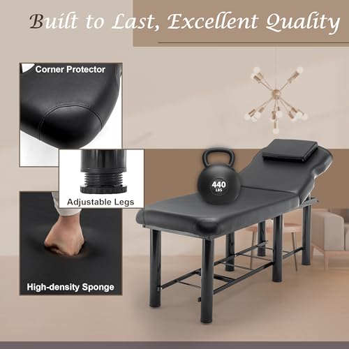 Professional Massage Bed 73 Inch, Treatment Table Salon with Removable Headrest, Faux Leather Stationary Physical Therapy Table, Spa Facial with Adjustable Backrest, Steel Frame, Black