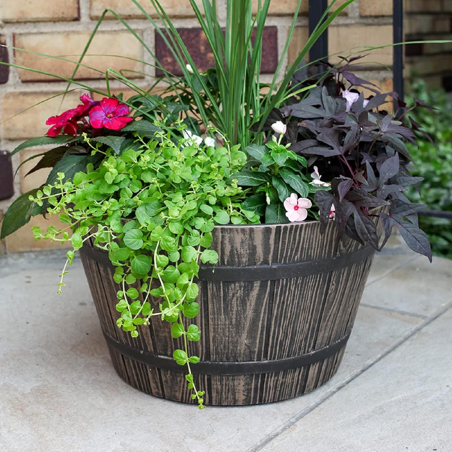 The HC Companies 16 Inch Whiskey Barrel Planter - Weather Resistant Resin Plant Pot for Indoor Outdoor Use in Aged Oak Color (Faux Wood)