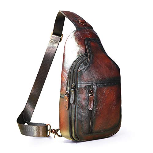 Le'aokuu Men Fashion Casual Tea Designer Travel Hiking Crossbody Chest Sling Bag Rig One Shoulder Strap Bag Men Leather 8015
