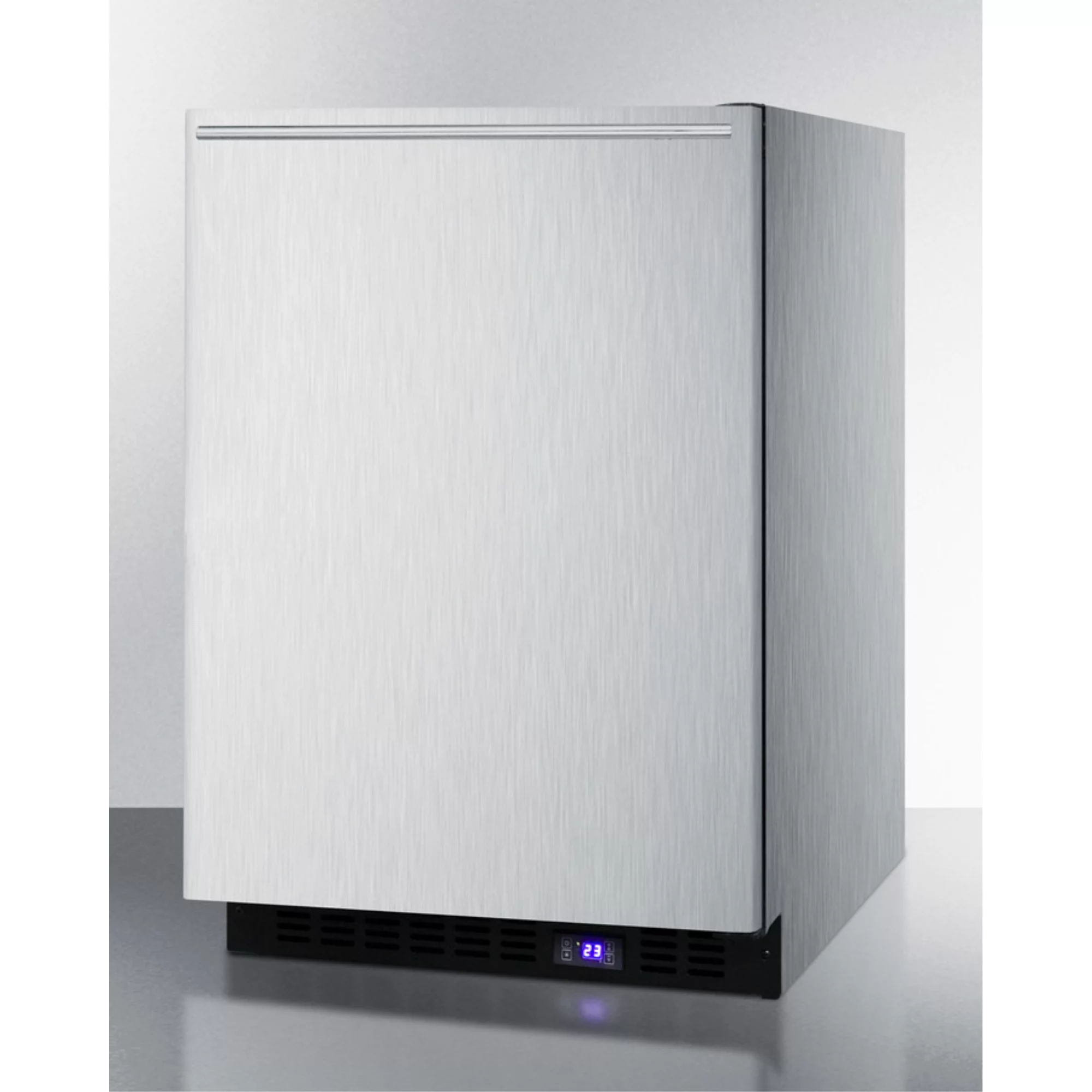 Frost-free built-in undercounter all-freezer for residential use, with factory installed icemaker, stainless steel wrapped exterior, and horizontal handle
