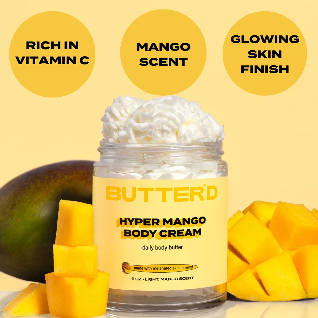 Butter'd Bodycare: Hyper Mango Body Cream Mango Scent, Premium Body Butter for Improving Hyperpigmentation Hydrating Rich in Vitamin C, Rose Hip Oil, Jojoba Oil (4 oz)