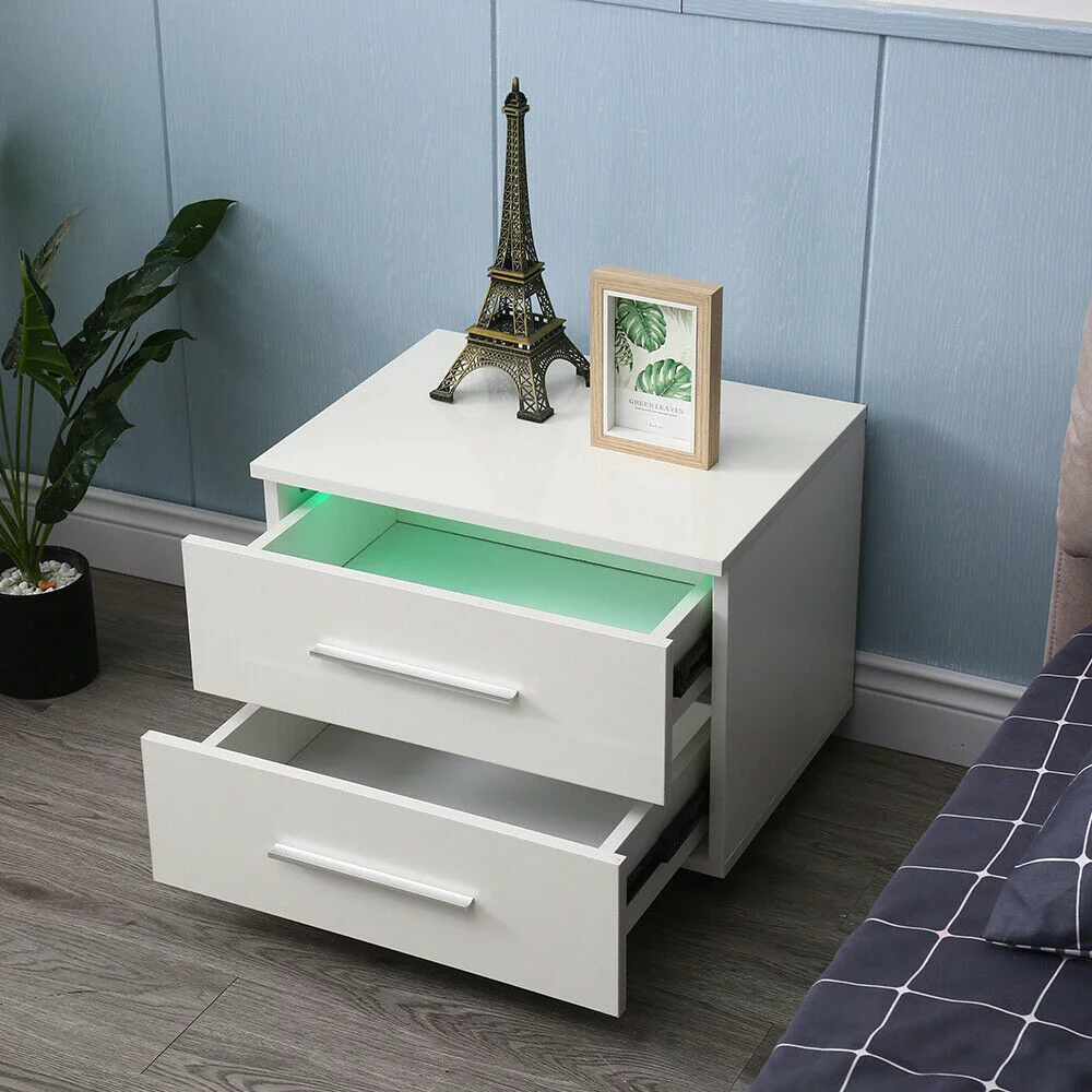 Modern High Gloss Nightstand 2 Drawers Bedside End Table Bedroom w/RGB LED Light