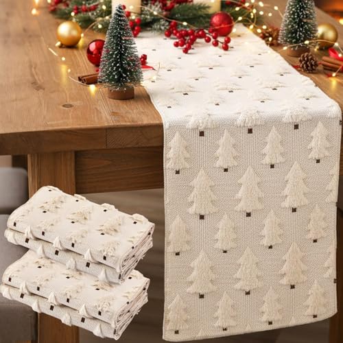 Newwiee 2 Pcs Christmas Table Runner Christmas Trees Beige Soft Plush Faux Fur Jacquard Table Runner, 13x72 Inch Xmas Winter Holiday Farmhouse Tables Decor for Kitchen Dining, Dinner Home Party Decor