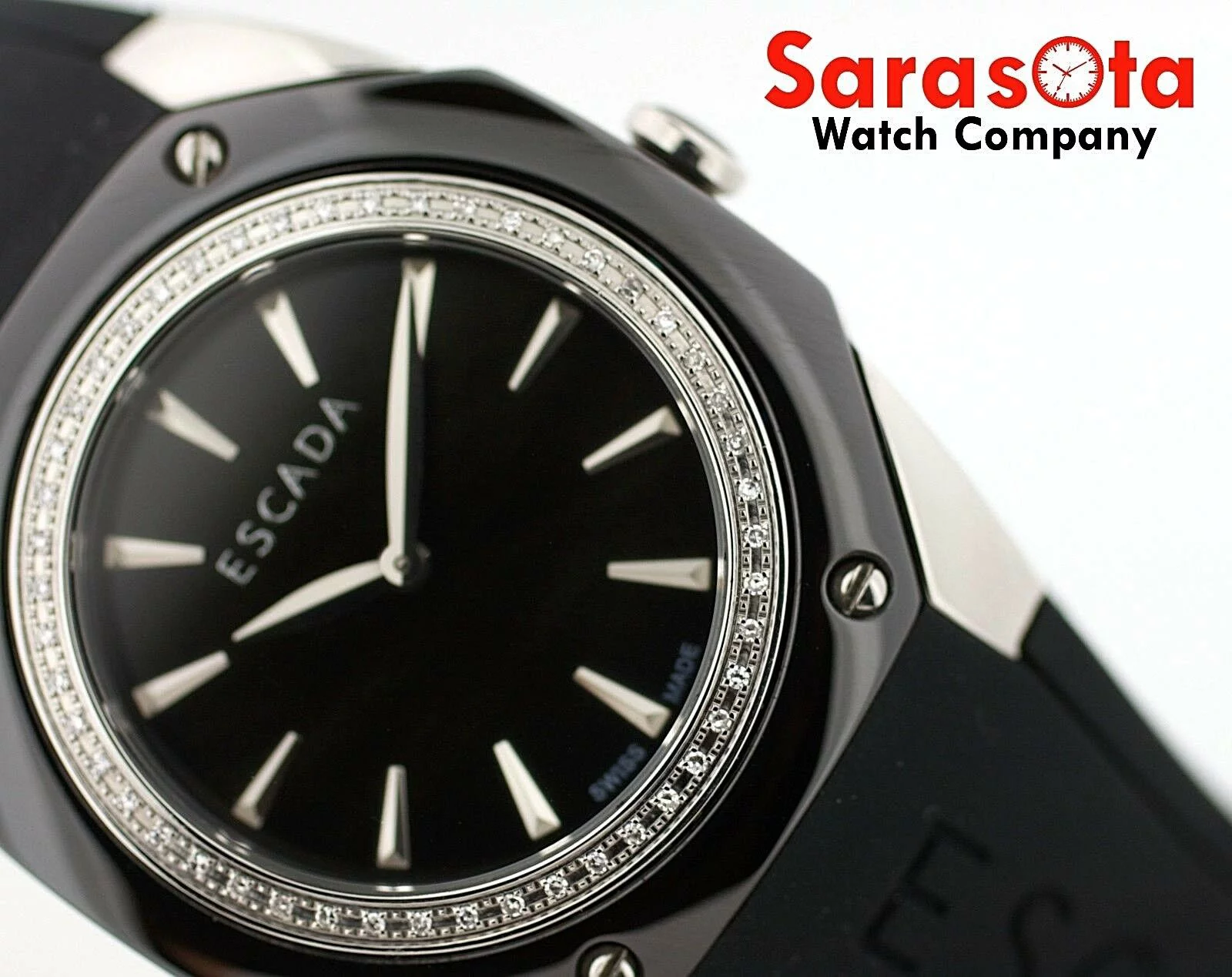 ESCADA Naomi Black Ceramic Steel Case Diamond Bezel Rubber Quartz Wrist Watch