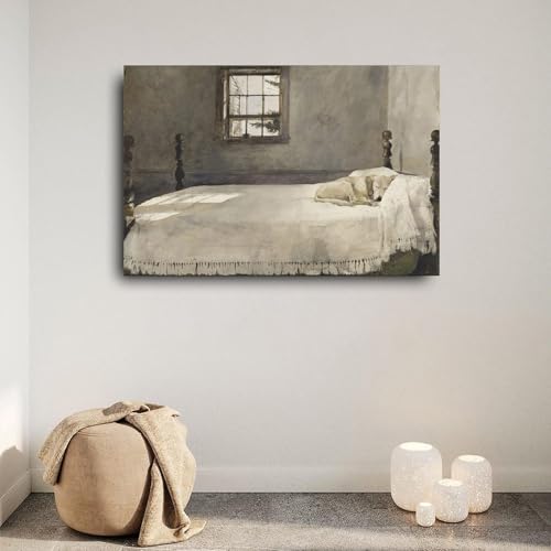 SDFWETGX Master Bedroom, Andrew Wyeth 1965 Dog Lying on Bed Realistic Vintage Wall Decoration Poster Canvas Painting Wall Art Poster for Bedroom Living Room Decor 24x16inch(60x40cm)