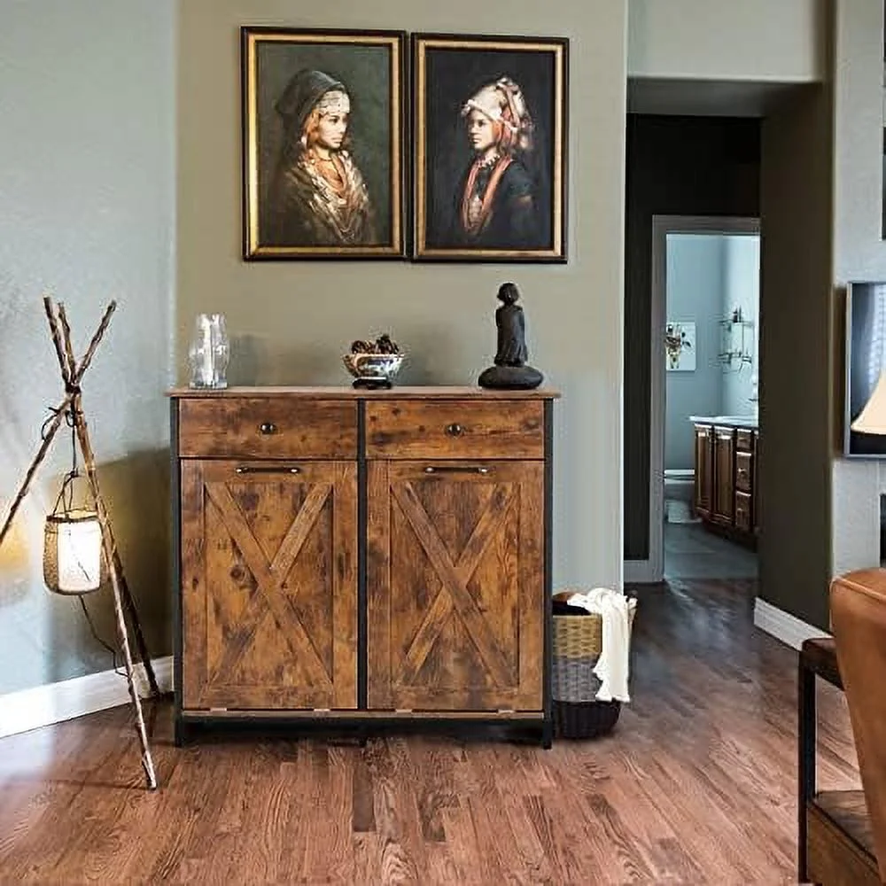 GEROBOOM Double Kitchen Trash Cabinets Two Tilt Out Trash Cabinets with Solid Hideaway Drawers Free Standing Wooden Kitchen  Recycling Cabinet  Holder (White)