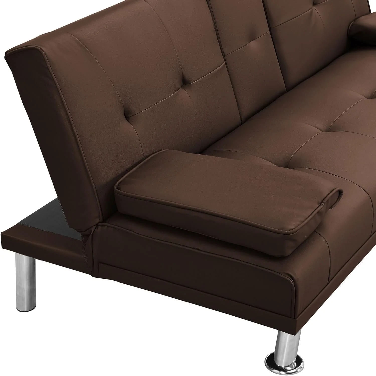 Hbaid Modern Faux Leather Couch Convertible Folding Futon Sofa Bed with 2 Cup Holders, Brown