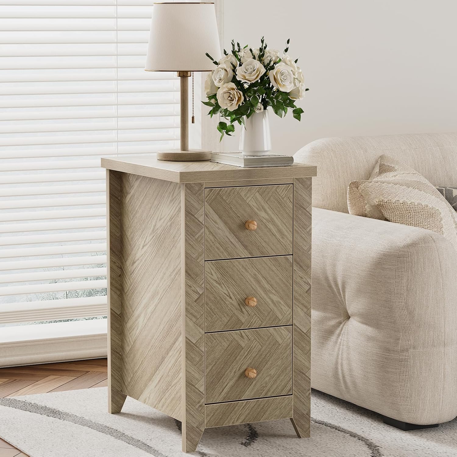 Anmytek End Table with 3 Drawers, Wood Narrow Side Table for Living Room, Skinny Nightstand Modern Bedside Table for Bedroom, Dorm, Small Spaces, Sofa, 18.11