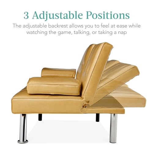 Best Choice Products Faux Leather Upholstered Modern Convertible Futon, Adjustable Folding Sofa Bed, Guest Bed w/Removable Armrests - Blue