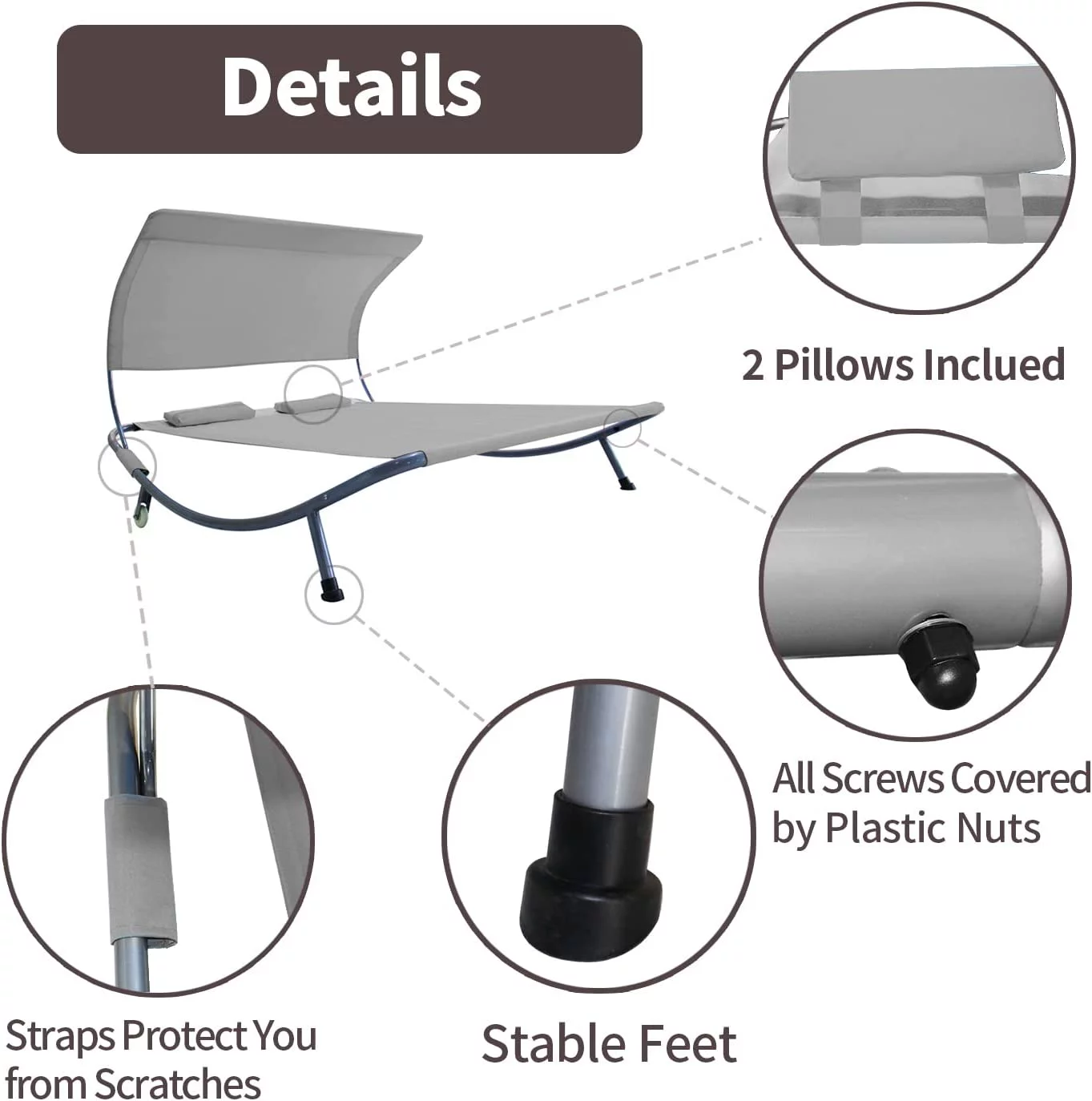 COVERONICS Patio Double Chaise Lounge Bed with Canopy,Headrest Pillow and Wheels,Portable Outdoor Hammock Bed for Patio, Yard, Pool (Grey)