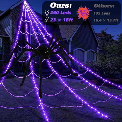 inst Spider Webs Halloween Decorations Outdoor 290LED Halloween Spider Web Lights Decoration with 78.7'' Large Spider & 3.53oz Stretch Cobweb 23Ft Giant Lighted Web with 8 Modes (Purple)