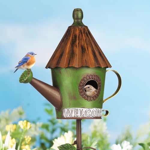 BAYN 57” Bird Houses Stake for Outside, Metal Wild Bird Feeder Double-Hole Birdhouse Stake with Cylinders Design Outdoor Decorations for Patio, Backyard, Garden