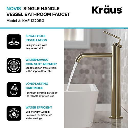 KRAUS Ramus Single Handle Vessel Sink Bathroom Faucet with Pop-Up Drain in Brushed Gold, KVF-1220BG
