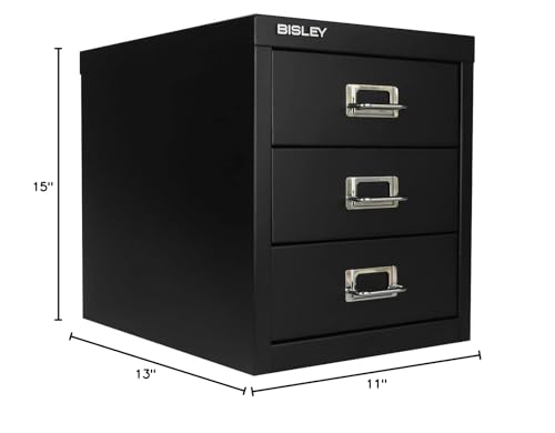 Bisley 10-Drawer Steel MultiDrawer Cabinet - Black, Chrome Pull Handles with Label Holders, Powder-Coated Steel, Removable Drawers, Fits Under Most Desks, Labels Included