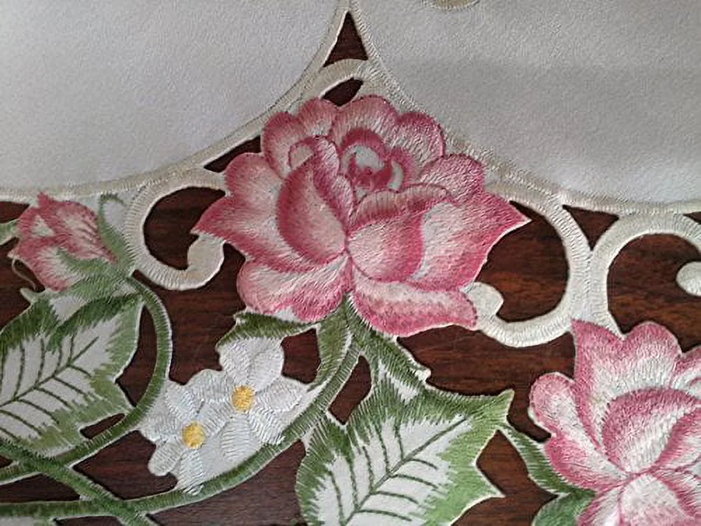Doily Boutique Table Runner Embroidered with Victorian Pink Roses on Ivory Fabric, Size 44 x 15 inches