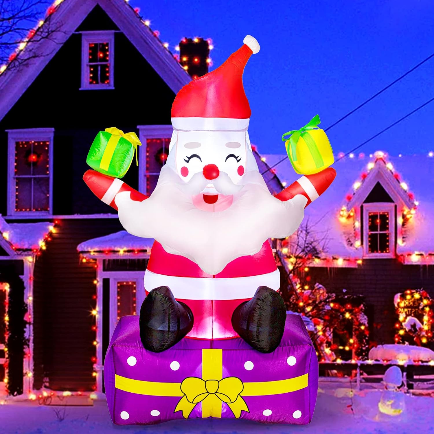 Christmas Inflatables 6 Ft Christmas Outdoor Decorations Inflatable Santa Claus with Gift Boxes Xmas Santa Claus Blow Up Yard Decor, Built-in LED Lights with Tethers, Stakes for The Yard, Lawn, Garden